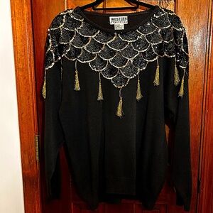 Vintage Western Connection sequined tassel black sweater size L